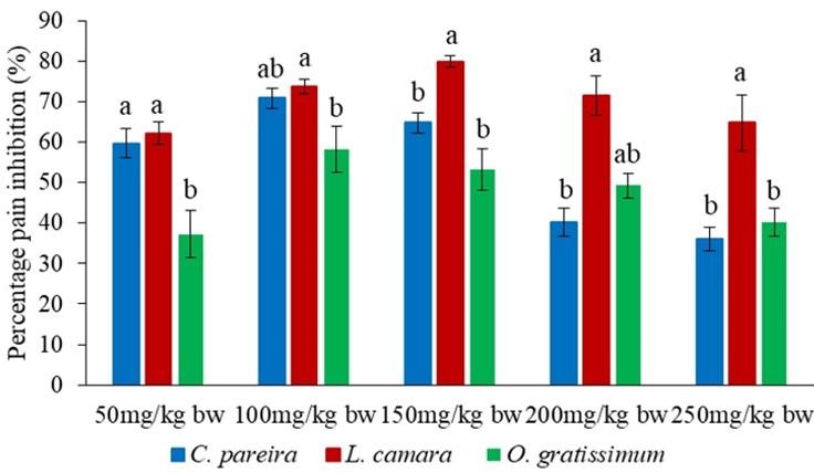 Antinociceptive potential of methanol leaf extracts of Cissampelos parreira (Linn), Lantana camara (Linn) and Ocimum gratissimum (African basil)